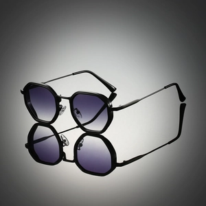 Detailed view of geometric polygonal metal sunglasses with purple gradient lenses and nose pads