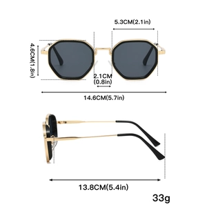 Detailed size chart for steampunk polygonal sunglasses featuring black and gold metal frames