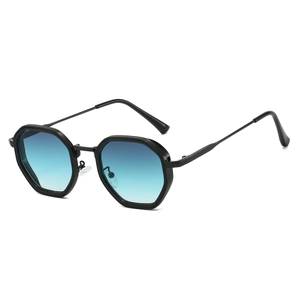 Steampunk polygonal metal sunglasses with blue gradient lenses and adjustable nose pads