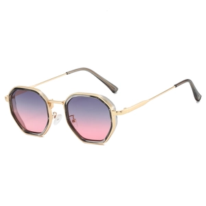 Detail view of steampunk polygonal metal sunglasses with purple gradient lenses
