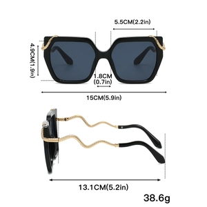 Detailed size chart of square sunglasses with gold snake-patterned metal temples
