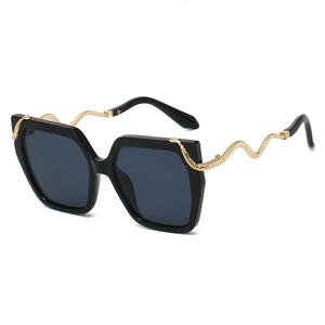 Retro black hexagonal cat-eye sunglasses with luxury gold snake-shaped metal temples