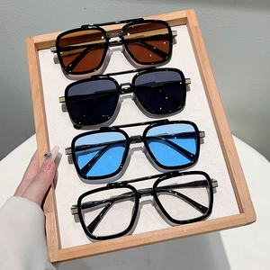 Detail of four square aviator sunglasses with metal lattice decor on black temples