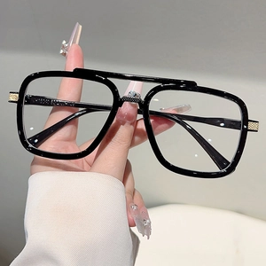 Classic double-bridge oversized square sunglasses in black with gold metal accents