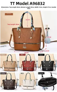 Detailed view of large PU leather tote bag with V-weave texture and size measurements