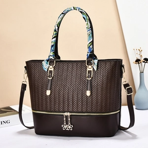 Women Tote Handbag PU Leather Woven Splicing Large Capacity Shoulder Crossbody Bag With Satin Scarf Flower Pendant