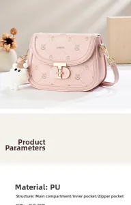 Detailed view of pink saddle bag with cartoon patterns, metal clasp, and plush charm
