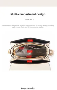 Detailed top view of beige saddle bag interior with multi-compartment lining structure