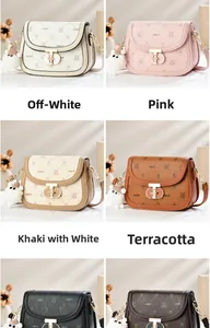 Collage of leather saddle bags in multiple colors with gold clasps and plush charms