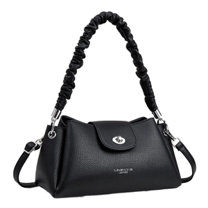 Large black pebbled leather handbag with scrunchie handle and silver twist lock closure