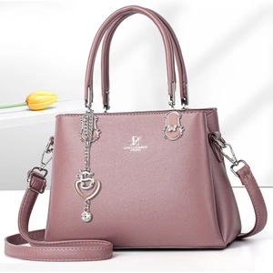 Pink faux leather tote bag with David Jones Paris logo and heart-shaped metal charm