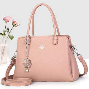 Women Handbag PU Leather Litchi Grain Multi Compartment Crossbody Shoulder Bag Elegant Cat Charm Pendant Ladies