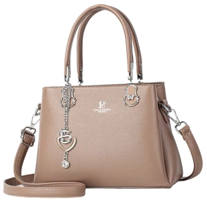Fashionable large capacity faux leather tote bag with heart charm in light brown