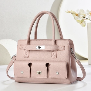 Pink lychee texture underarm tote bag with silver buckle and detachable shoulder strap