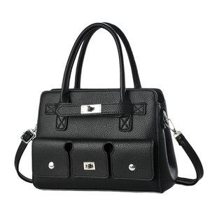 Fashionable black lychee grain tote bag with multi-pockets and silver buckle closure