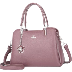 Mauve David Jones Paris tote bag with pebbled leather texture and flower charm detail