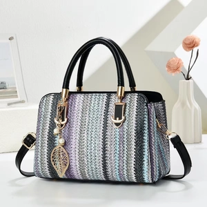 Woven Striped Handbag PU Leather Top Handle Crossbody Square Bag Artificial Pearl Leaf Charm Women Fashion Daily