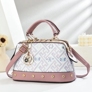 Boston Handbag PU Leather Jacquard Geometric Pattern Rivets Heart Pendant Crossbody Elegant For Women