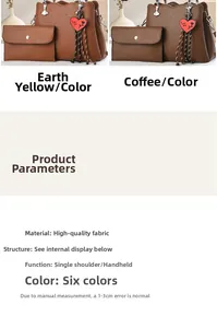 Detail of multi-layer tote bag with heart charm and mini purse set in earth yellow and coffee