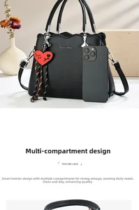 Black pebbled leather tote bag with multi-layer design and heart charm for daily commute