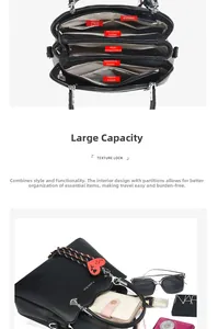 Internal structure of black litchi leather handbag with multiple functional compartments