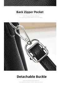 Detail of black lychee leather texture with silver metal detachable hooks and back zipper
