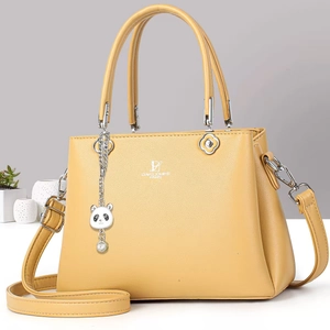 Litchi Texture PU Leather Handbag With Panda Pendant Women Top Handle Crossbody Bag Large Capacity Minimalist