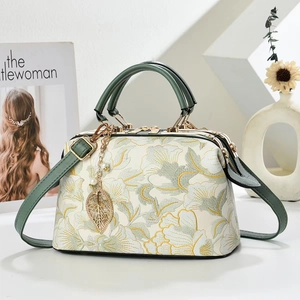 Women Retro Flower Embroidery Handbag PU Leather Crossbody Bag With Golden Leaf Artificial Pearl Pendant Frame Doctor Bag