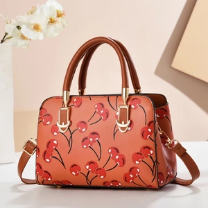 Cherry Print Women Handbag PU Leather Boston Bag Sweet Vintage Style Crossbody Purse With Top Handle Gold Hardware