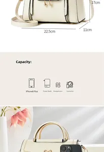 Beige faux leather handbag details with dimensions 22.5x17x11cm and pearl pendant