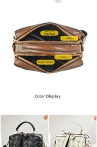 Detailed interior view of multi-compartment leather handbag showing zippers and logo print