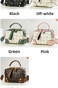 Close-up of elegant crossbody bags in five colors with gold studs and brand logo pattern