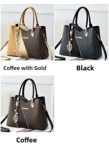 Three variants of tote bags with monogram pattern, metal logo, and pearl leaf charm details