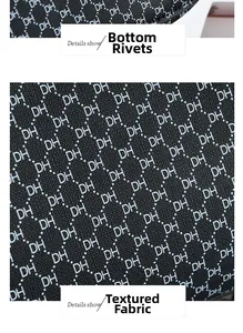 Detail showing bottom metal studs and jacquard fabric texture on the tote bag