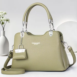 Sac à main élégant vert haricot à motif litchi avec deux poignées et bandoulière réglable