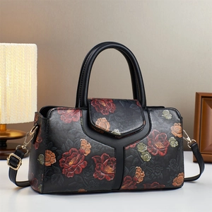 Vintage Floral Boston Bag PU Leather Embossed Handbag Crossbody Tote For Women High Capacity Retro Style Versatile