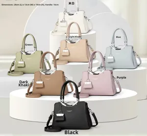 Litchi pattern leather handbags in seven colors displayed on minimalist geometric stands