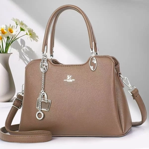 Brown lychee leather tote bag with David Jones Paris logo and elegant metal chain