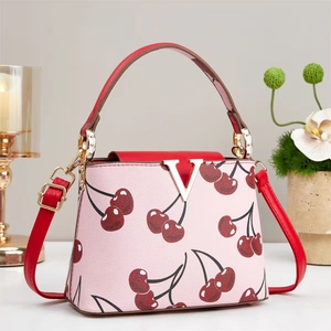 Women Cherry Print Handbag PU Leather Lychee Pattern Crossbody Shoulder Bucket Bag Metal V Buckle Fashionable Trendy