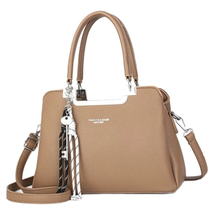 Brown litchi leather tote bag with silver U-shaped trim and woven key pendant