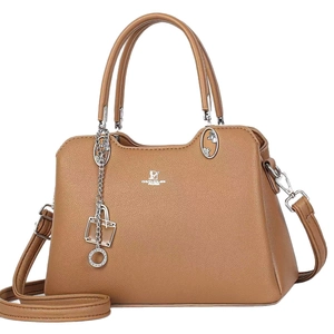 Brown textured leather handbag with top handles and David Jones Paris logo detail