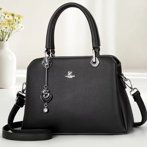 Classic black litchi pattern leather handbag with silver hardware and heart charm