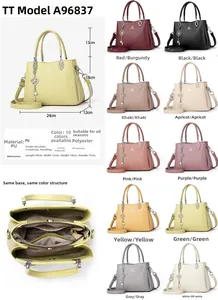Detailed view of large capacity PU leather handbag dimensions and 10 color options chart