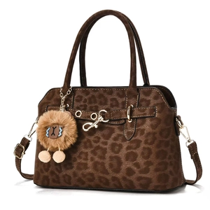 Leopard Print PU Leather Tote Bag Large Capacity Vintage Handbag With Plush Lion Charm For Women Commuting Crossbody