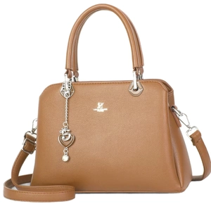 Classic brown pebble faux leather crossbody handbag with top handles and heart pendant