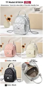 Quilted mini backpack in silver, pink, beige and black with metal chain details