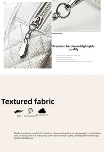 Detail of silver metallic rhombic faux leather texture and polished metal hardware zippers
