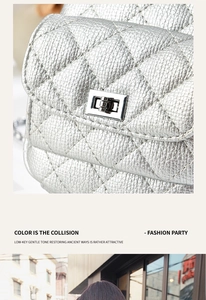 Macro shot of silver quilted faux leather texture and rectangular metallic twist lock