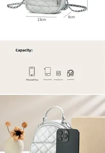 Detailed size and capacity view of a silver quilted mini bag showing 13cm width and storage space