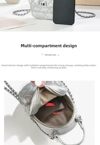 Silver quilted chain bag with three compartments: main pocket, inner pocket, and sub-pocket